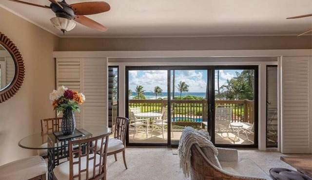 East Kauai w/ocean view lanai, open kitchen, WiFi, ceiling fans, TV, DVD–Kaha Lani 209 in Lihue