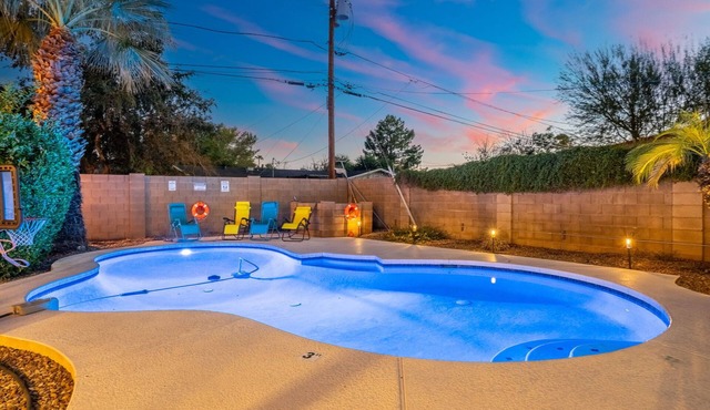 Poolside Oasis Retreat with Heated Pool Fire Pit Yard in Phoenix