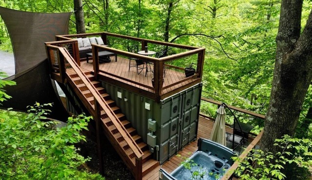 Tiny Container Home Retreat with Hot Tub, Fire Table, Dining Area, and Views! in Todd